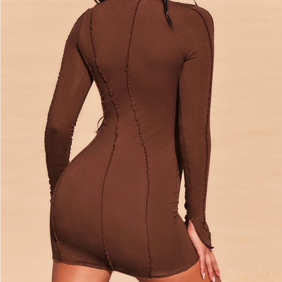 Oh Polly Exposed Seam Split Cuff Mini Dress In Brown - Picture 5 of 7